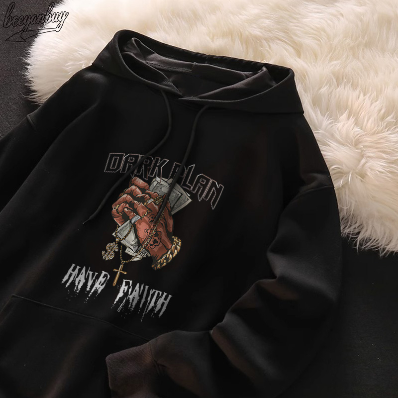 Áo Hoodie Cotton Đen BEEYANBUY áo nỉ tay dài thời trang in hình unisex 100% cotton-V0026