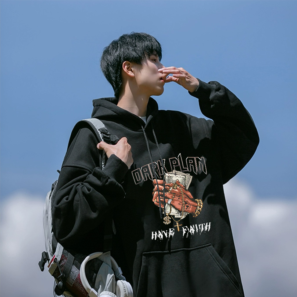 Áo Hoodie Cotton Đen BEEYANBUY áo nỉ tay dài thời trang in hình unisex 100% cotton-V0026