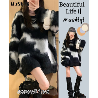 Mushiqi Áo sweater Dệt Kim Phối Màu Tương Phản Kiểu retro Đường Phố Cá Tính Cho Nữ