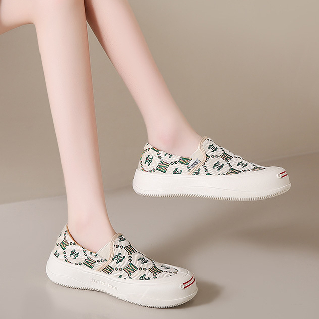 One more shoes⭐Giày Lười Vải canvas Mũi Tròn In Chữ Thời Trang Xuân Hè Cho Nữ
