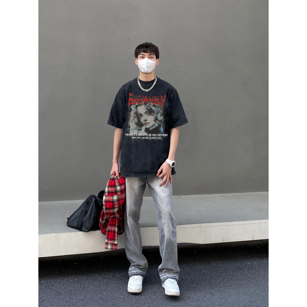 Áo Thun cotton Tay Ngắn Cổ Tròn Dáng Rộng In Hình Quả Lê Thời Trang hip hop