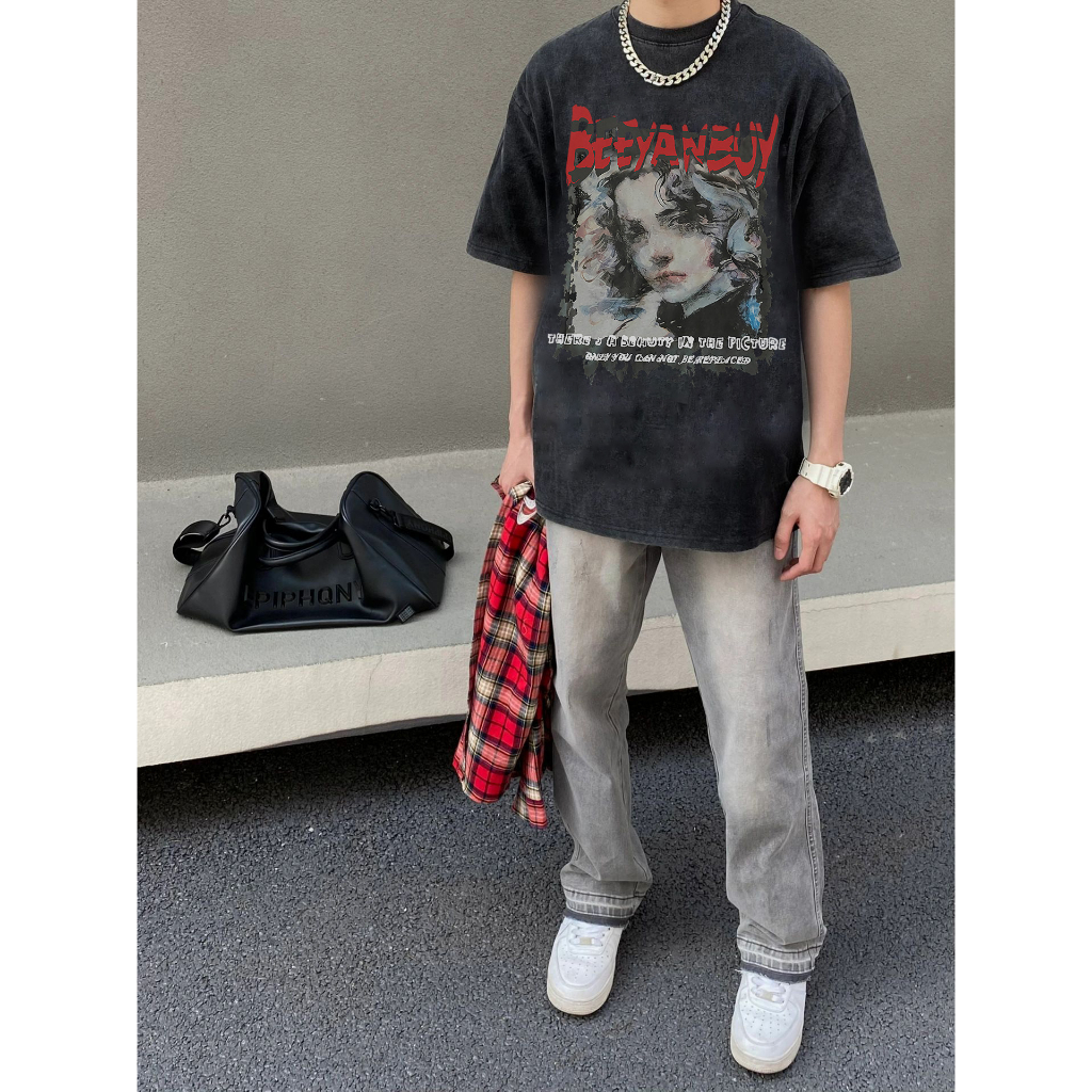 Áo Thun cotton Tay Ngắn Cổ Tròn Dáng Rộng In Hình Quả Lê Thời Trang hip hop