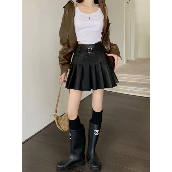 Xiaozhainv Chân Váy Da pu Xếp Li Phong Cách Hàn Quốc Dành Cho Nữ