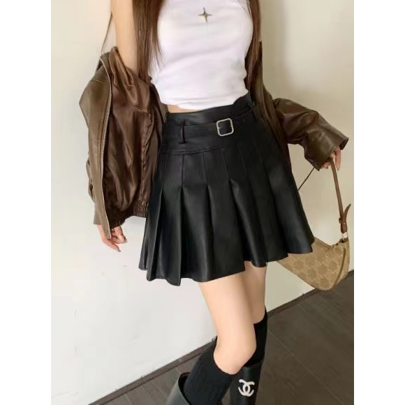 Xiaozhainv Chân Váy Da pu Xếp Li Phong Cách Hàn Quốc Dành Cho Nữ