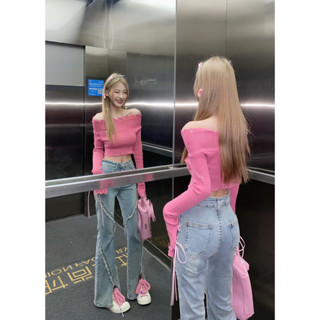 Mới Áo sweater Trễ Vai Tay Dài Dáng Ôm Màu Hồng Phong Cách Thời Trang Pháp