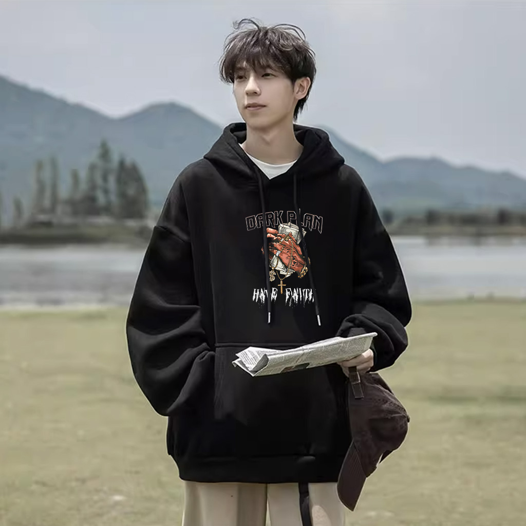 Áo Hoodie Cotton Đen BEEYANBUY áo nỉ tay dài thời trang in hình unisex 100% cotton-V0026
