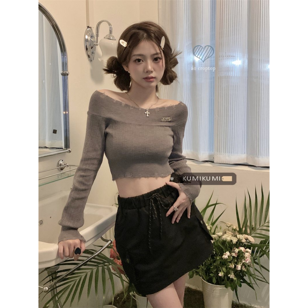 kumikumi HUANG YOYO Áo Croptop Dệt Kim Tay Dài Cổ Tròn Hở Vai Dáng Ôm Thời Trang Hàn Quốc Dành Cho Nữ