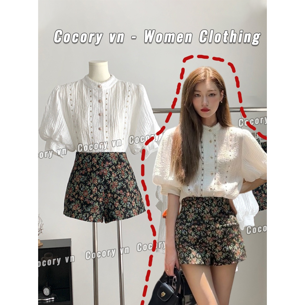 Cocory vn Set Áo Kiểu Tay Phồng + Quần Short Lưng Cao Thêu Họa Tiết Phong Cách Retro Pháp Thời Trang Cho Nữ