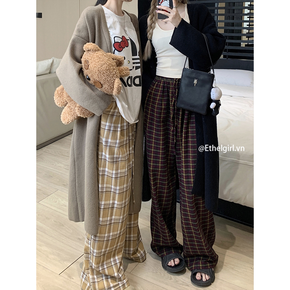 Ethelgirl Thời Trang Quần Dài Nữ Ca Rô Lưng Cao Ống Đứng Phong Cách vintage
