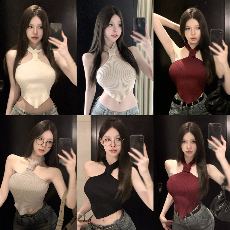 Áo Croptop Dệt Kim Hai Dây Màu Sắc Đơn Giản Cho Nữ