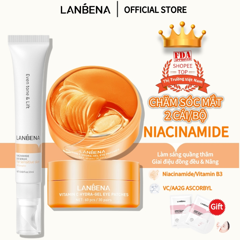 Bộ Dưỡng Mắt Lanbena Vitamin C Mặt Nạ Mắt Vitamin C & Niacinamide Eye Serum Loại Bỏ Quầng Thâm (60 Cái & 20ml)