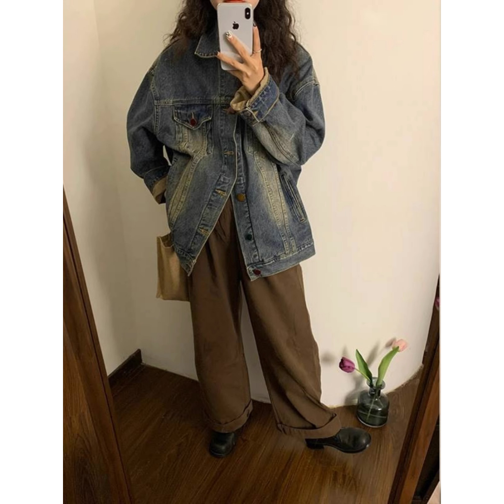 Áo Khoác denim Dáng Rộng Phong Cách retro Mùa Thu Mới Cho Nữ