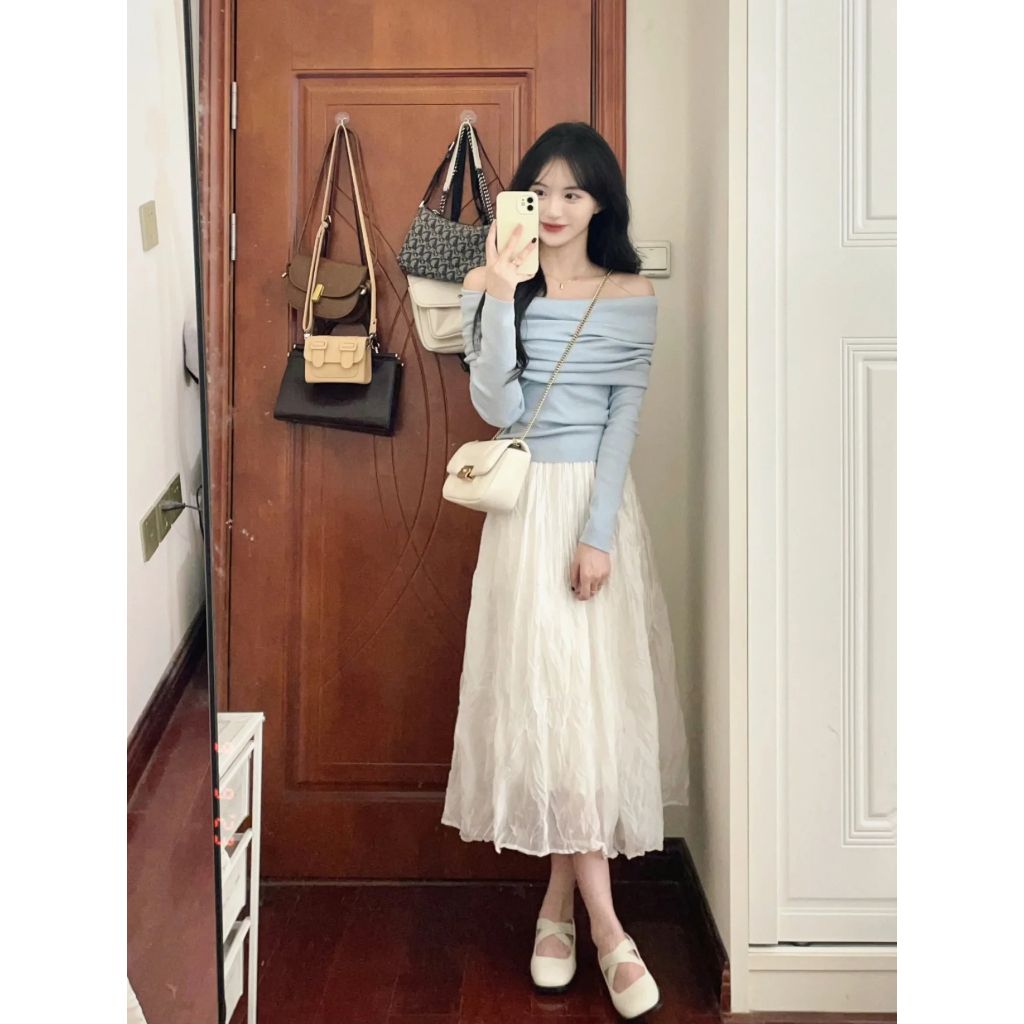 Xiaozhainv Set Chân Váy Lưng Cao Và Áo Tay Dài Trễ Vai Thời Trang Phong Cách Hàn Quốc Cho Nữ