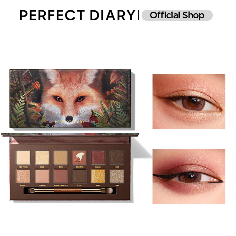 Bảng phấn mắt PERFECT DIARY 12 màu sắc tông lì và ánh nhũ lấp lánh kèm cọ trang điểm cao cấp 14g