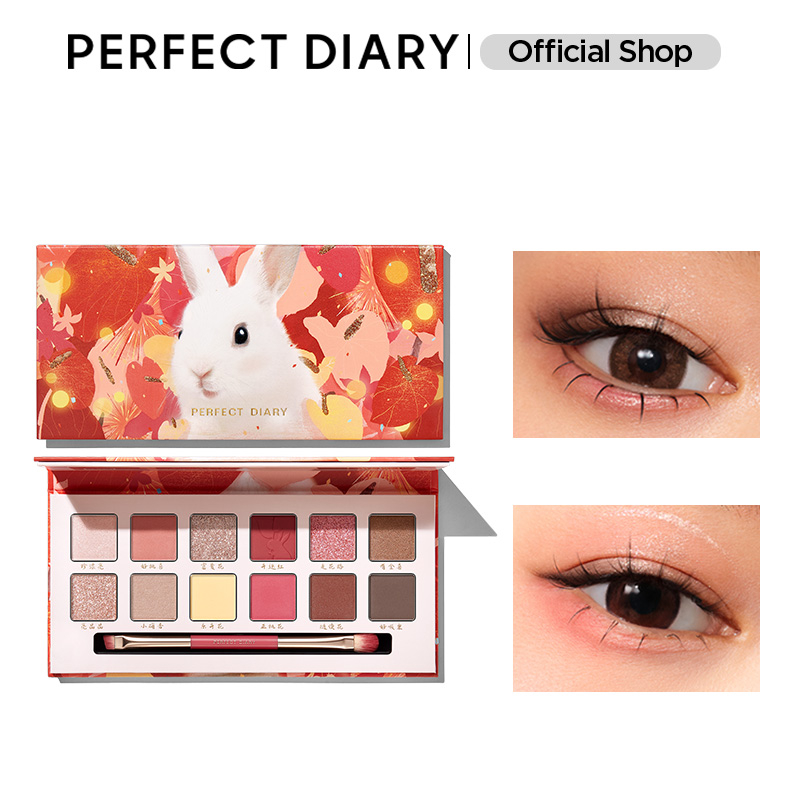 Bảng phấn mắt PERFECT DIARY 12 màu sắc hiệu ứng ánh nhũ lấp lánh 14g kèm cọ trang điểm