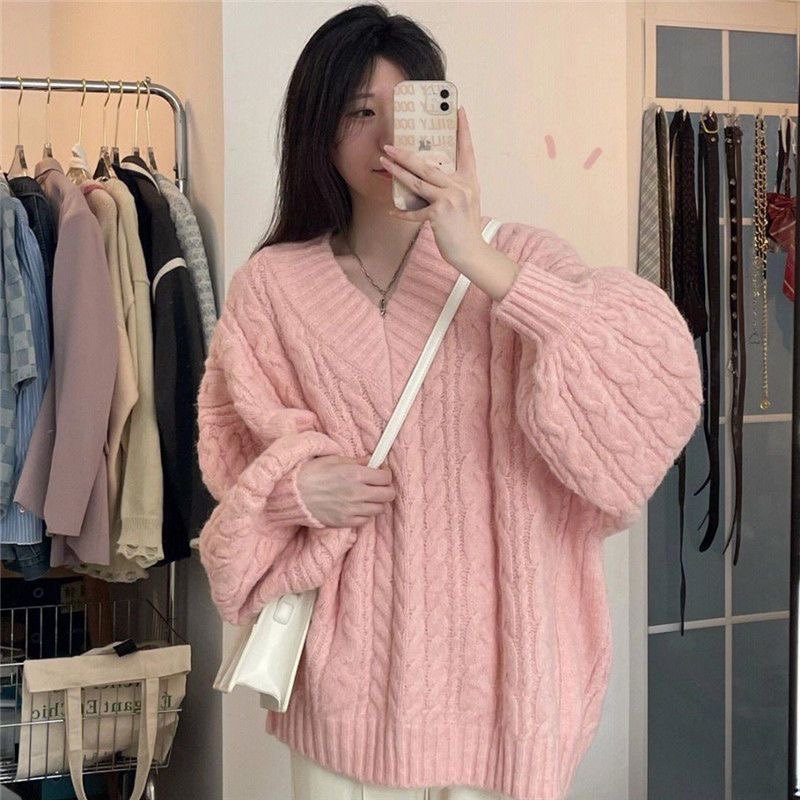 Áo sweater Cổ Chữ v Dáng Rộng Xinh Xắn Theo Phong Cách Thu Đông Dành Cho