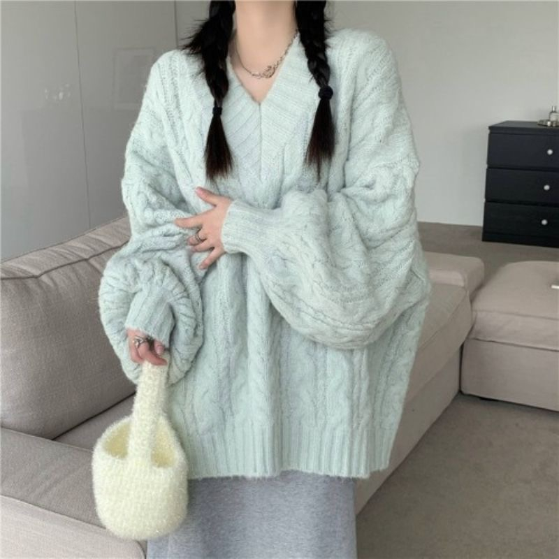 Áo sweater Cổ Chữ v Dáng Rộng Xinh Xắn Theo Phong Cách Thu Đông Dành Cho