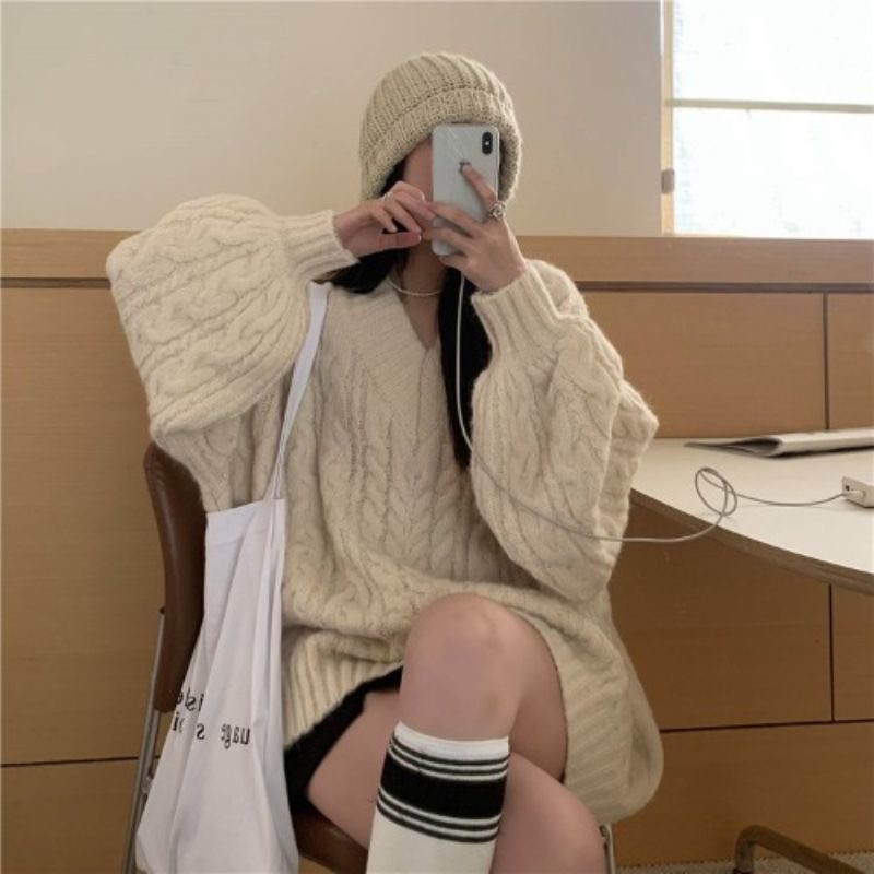 Áo sweater Cổ Chữ v Dáng Rộng Xinh Xắn Theo Phong Cách Thu Đông Dành Cho