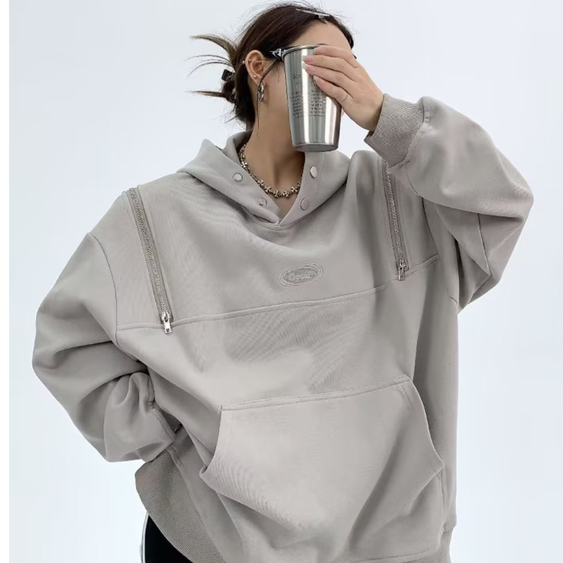 YOUTANG Áo Hoodie unisex Dáng Rộng Có Khóa Kéo Thiết Kế Đơn Giản Phong Cách retro Thu Đông Mới