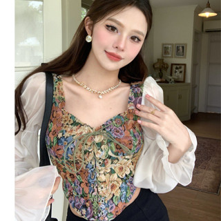 Áo Croptop Cổ Vuông Tay Dài Phồng Thêu Hoa Xinh Xắn Thời Trang Hàn Quốc Cho Nữ