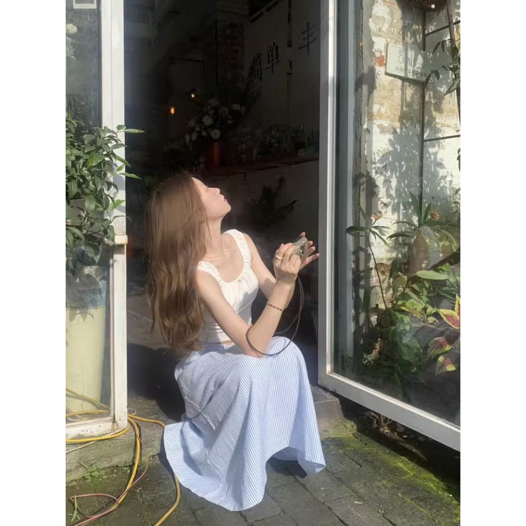 Chân Váy Chữ A Lưng Cao Họa Tiết Sọc Thời Trang Cho Nữ