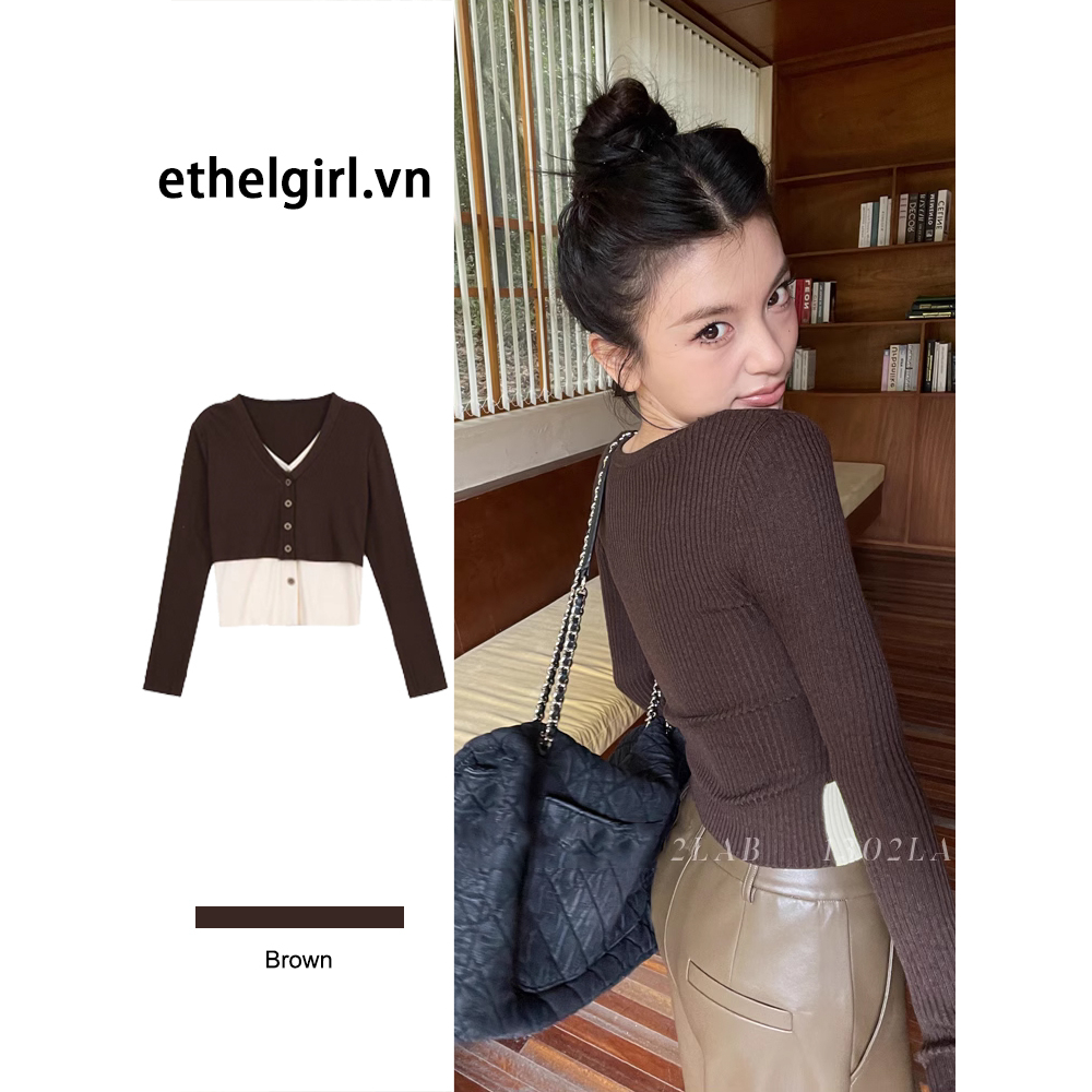 Ethelgirl Áo Thun Dệt Kim Mỏng Tay Dài Cổ Chữ V Cài Nút Thời Trang Hàn Quốc Cho Nữ