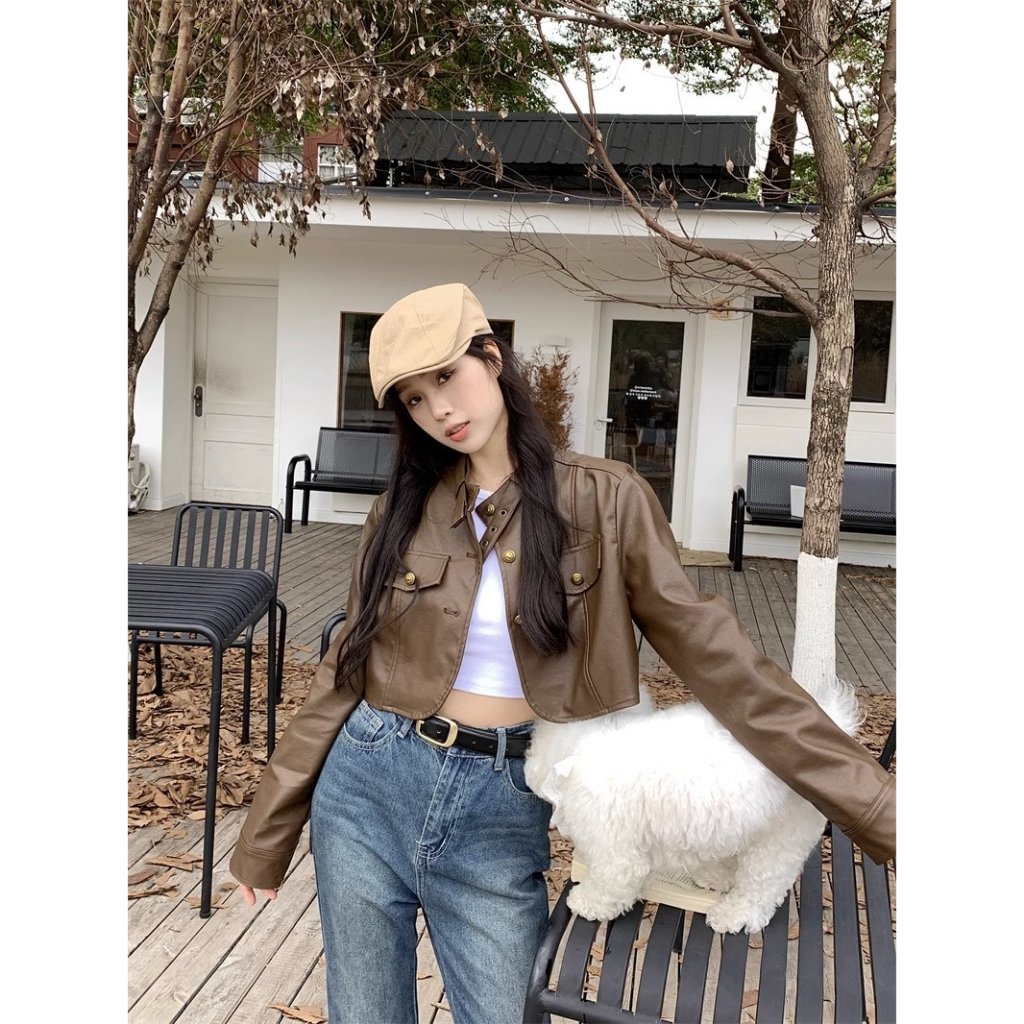 QKOOLE Mới Áo Khoác Da Lửng Tay Dài Màu Trơn Thời Trang Cho Nữ