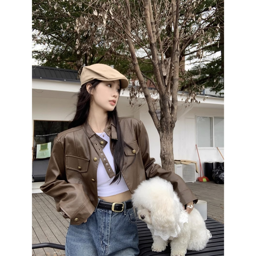 QKOOLE Mới Áo Khoác Da Lửng Tay Dài Màu Trơn Thời Trang Cho Nữ