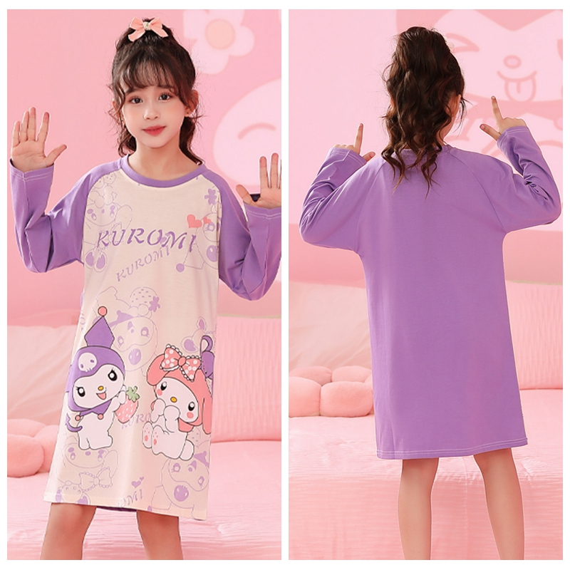 Đầm Ngủ cotton Tay Dài In Họa Tiết Gấu Hoạt Hình Dễ Thương Cho Nữ