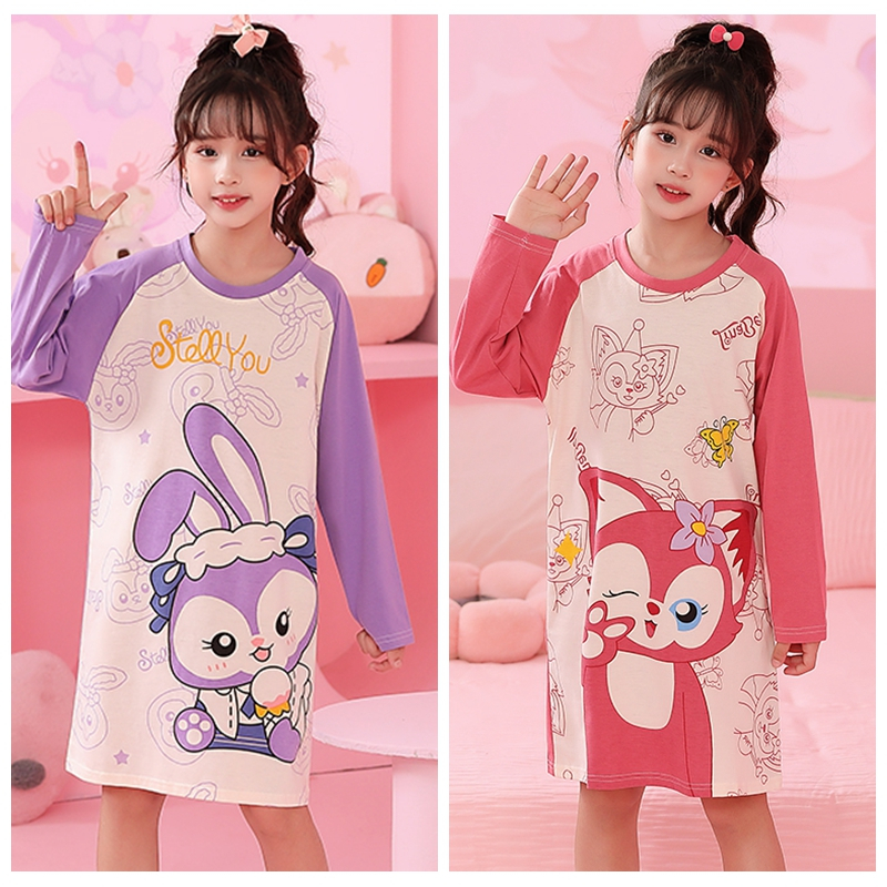 Đầm Ngủ cotton Tay Dài In Họa Tiết Gấu Hoạt Hình Dễ Thương Cho Nữ