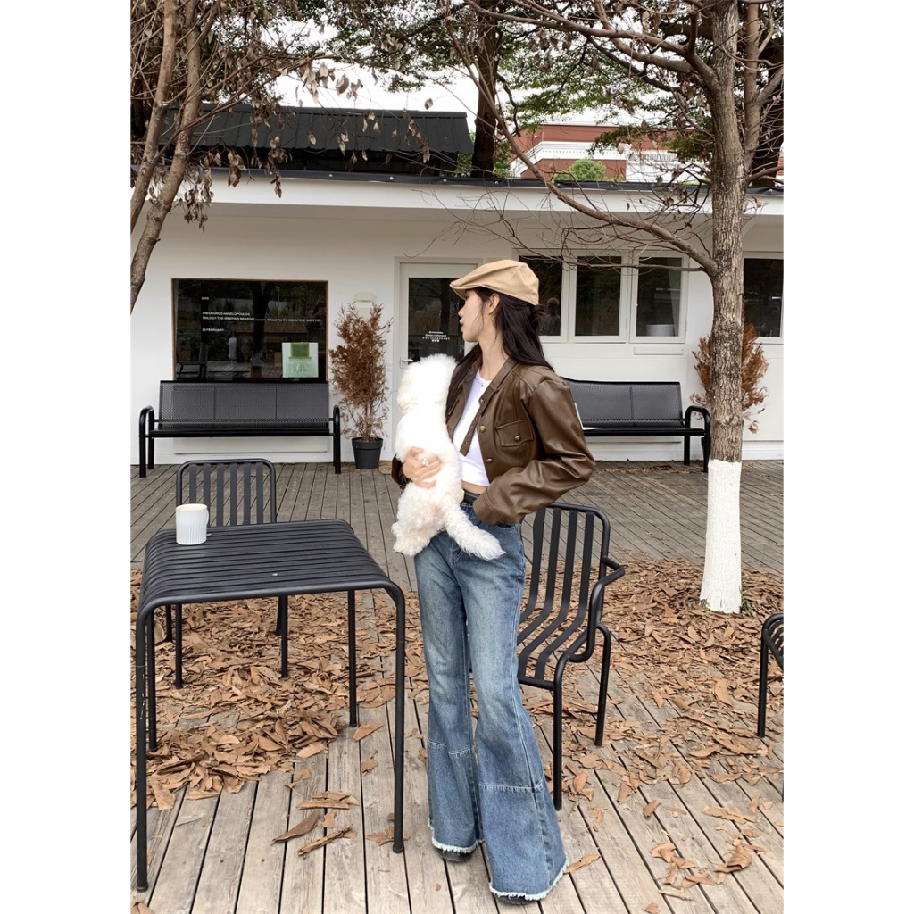 QKOOLE Mới Áo Khoác Da Lửng Tay Dài Màu Trơn Thời Trang Cho Nữ