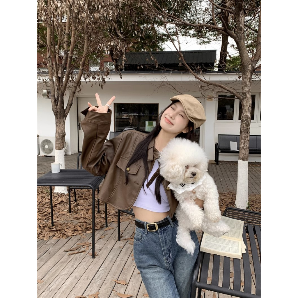 QKOOLE Mới Áo Khoác Da Lửng Tay Dài Màu Trơn Thời Trang Cho Nữ