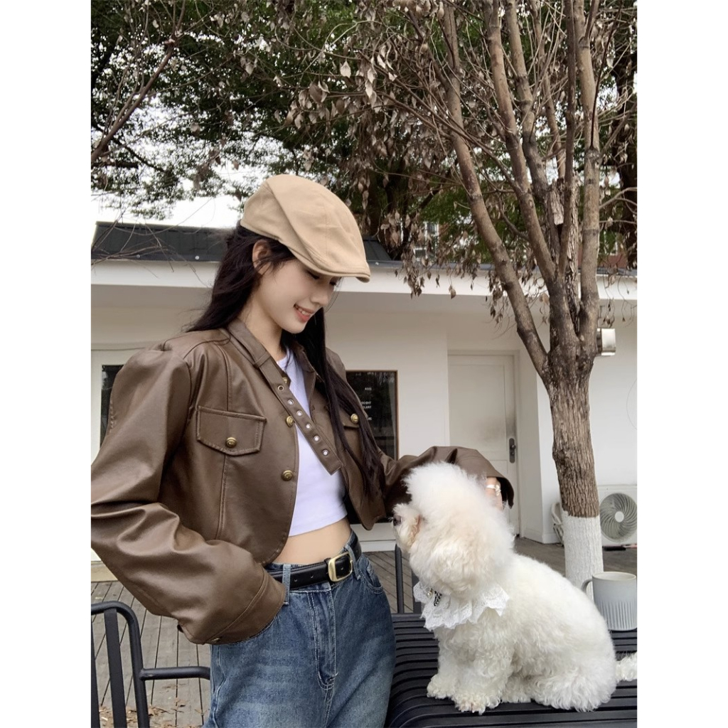 QKOOLE Mới Áo Khoác Da Lửng Tay Dài Màu Trơn Thời Trang Cho Nữ