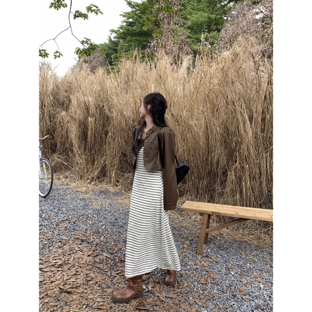 QKOOLE Mới Áo Khoác Da Lửng Tay Dài Màu Trơn Thời Trang Cho Nữ