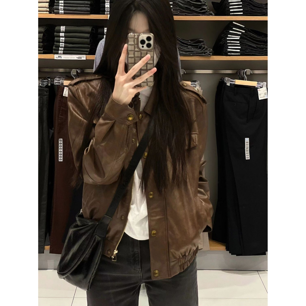 Áo Khoác Da Dáng Rộng Màu Cà Phê Thời Trang Cao Cấp Cho Nữ