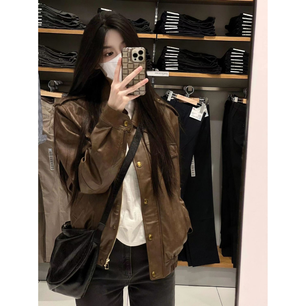 Áo Khoác Da Dáng Rộng Màu Cà Phê Thời Trang Cao Cấp Cho Nữ