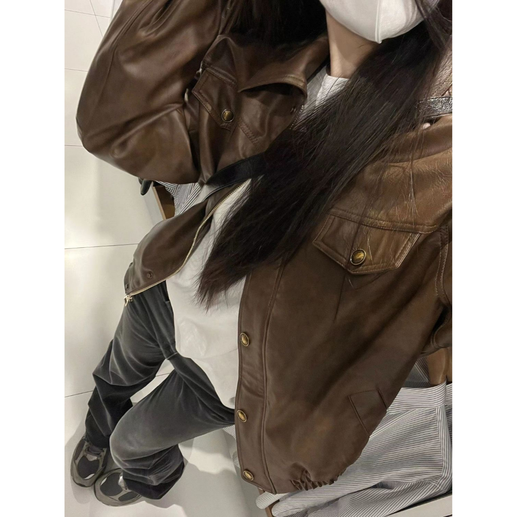 Áo Khoác Da Dáng Rộng Màu Cà Phê Thời Trang Cao Cấp Cho Nữ