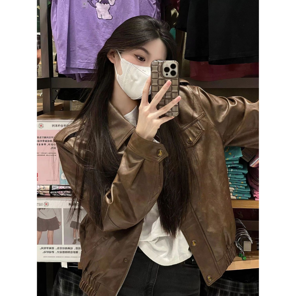 Áo Khoác Da Dáng Rộng Màu Cà Phê Thời Trang Cao Cấp Cho Nữ