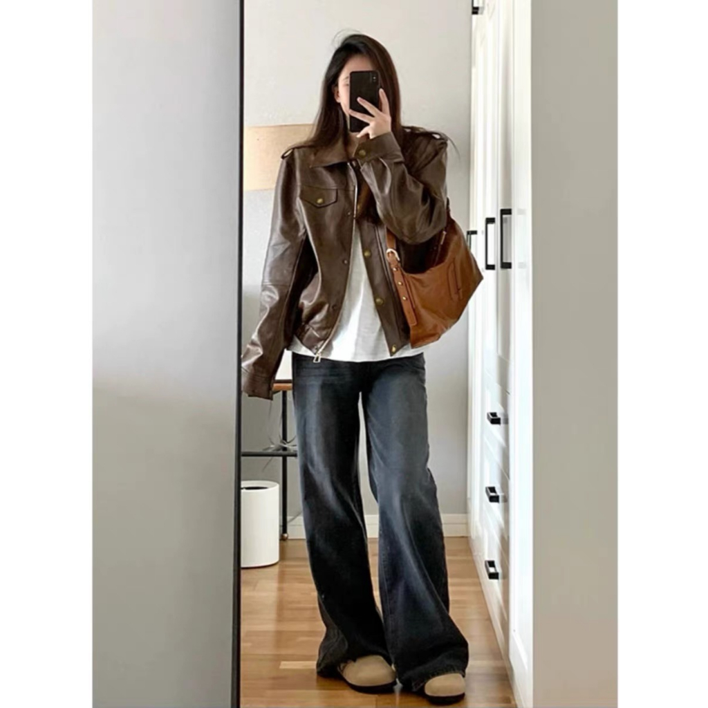 Áo Khoác Da Dáng Rộng Màu Cà Phê Thời Trang Cao Cấp Cho Nữ