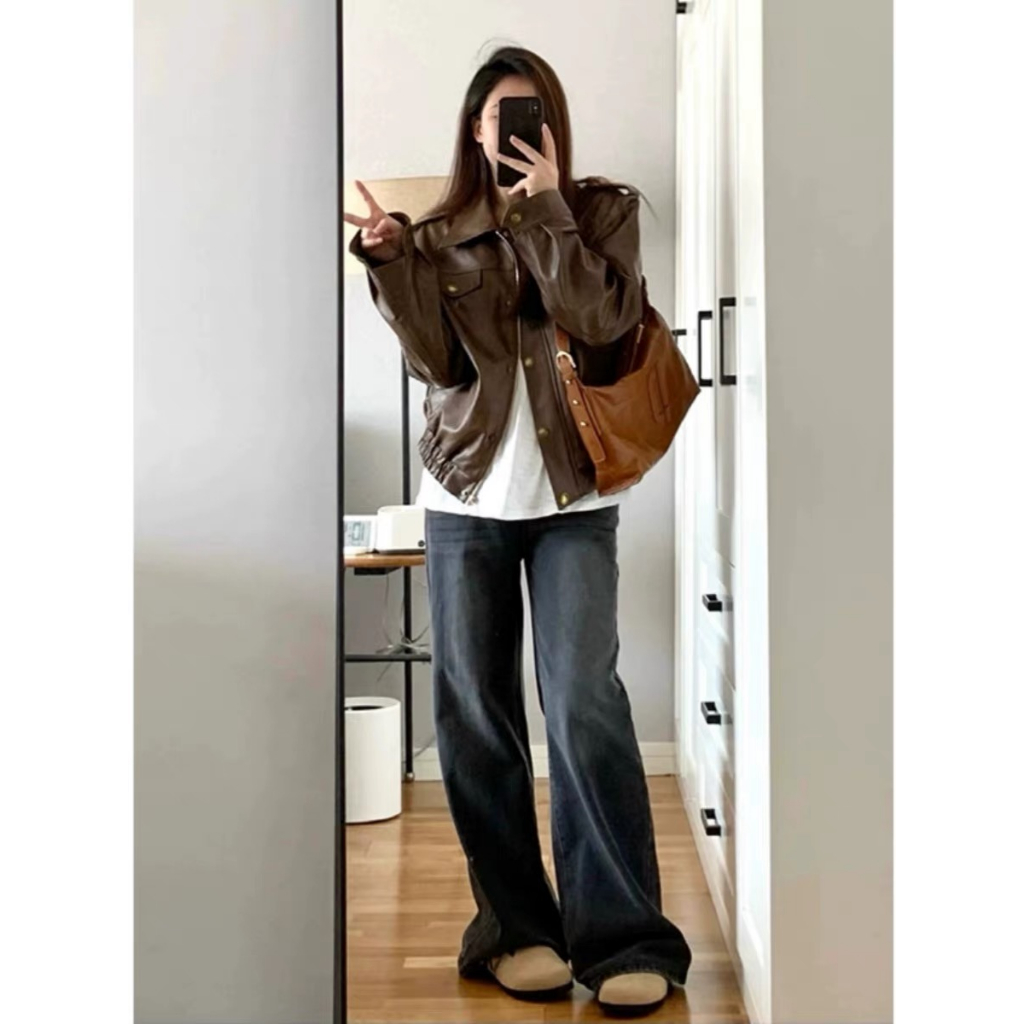Áo Khoác Da Dáng Rộng Màu Cà Phê Thời Trang Cao Cấp Cho Nữ