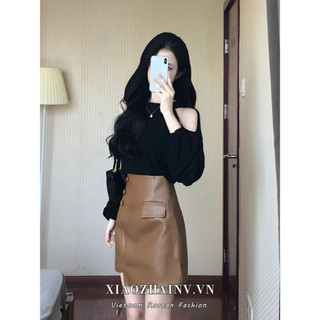 Xiaozhainv Set Áo Trễ Vai Dài Tay + Chân Váy Chữ a Lưng Cao Thời Trang Nữ