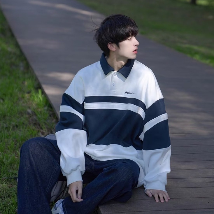 Esea Áo sweatshirt Tay Dài Dáng Rộng Cổ Gập Gấp Kẻ Sọc Ngang Phong Cách harajuku Nhật Bản Thời Trang Thường Ngày Cho Cả Nam Và Nữ