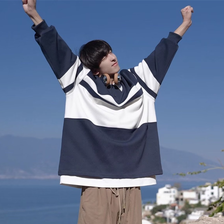 Esea Áo sweatshirt Tay Dài Dáng Rộng Cổ Gập Gấp Kẻ Sọc Ngang Phong Cách harajuku Nhật Bản Thời Trang Thường Ngày Cho Cả Nam Và Nữ