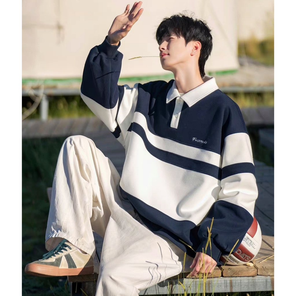 Esea Áo sweatshirt Tay Dài Dáng Rộng Cổ Gập Gấp Kẻ Sọc Ngang Phong Cách harajuku Nhật Bản Thời Trang Thường Ngày Cho Cả Nam Và Nữ