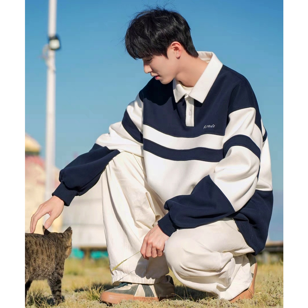 Esea Áo sweatshirt Tay Dài Dáng Rộng Cổ Gập Gấp Kẻ Sọc Ngang Phong Cách harajuku Nhật Bản Thời Trang Thường Ngày Cho Cả Nam Và Nữ