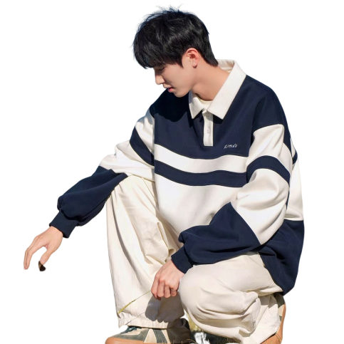 Esea Áo sweatshirt Tay Dài Dáng Rộng Cổ Gập Gấp Kẻ Sọc Ngang Phong Cách harajuku Nhật Bản Thời Trang Thường Ngày Cho Cả Nam Và Nữ