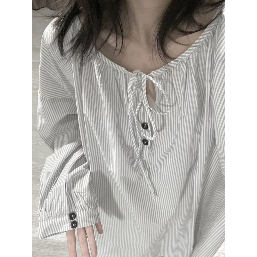 Ethelgirl Áo Sơ Mi Nữ Dài Tay Sọc Dọc Thời Trang Hàn Quốc