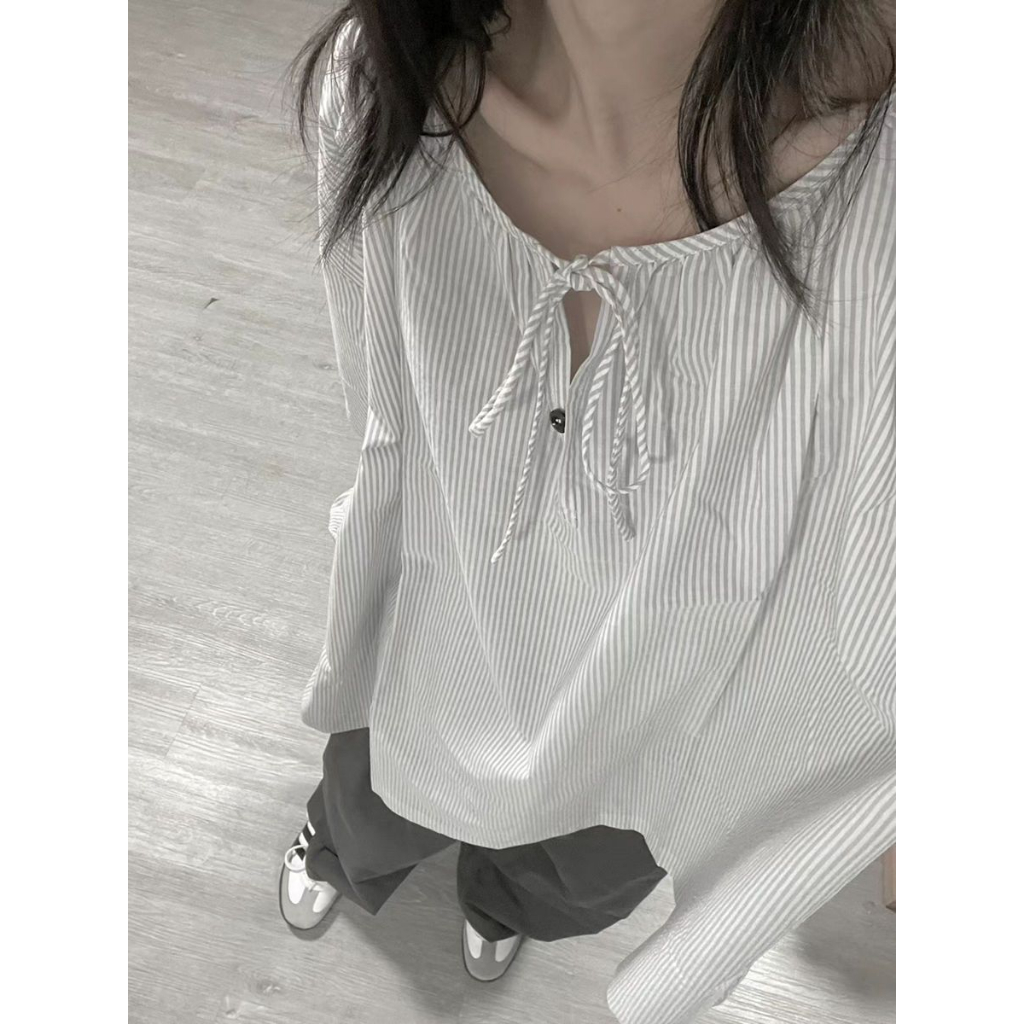 Ethelgirl Áo Sơ Mi Nữ Dài Tay Sọc Dọc Thời Trang Hàn Quốc