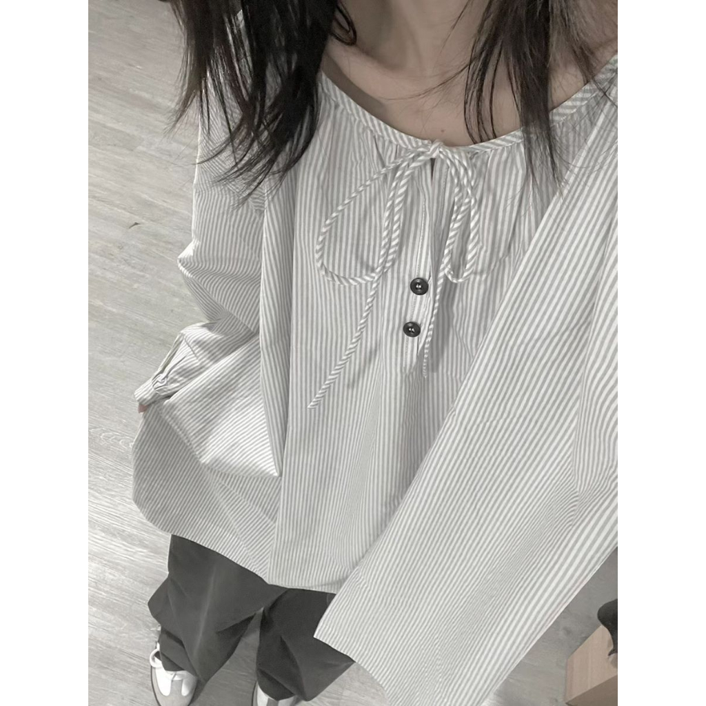 Ethelgirl Áo Sơ Mi Nữ Dài Tay Sọc Dọc Thời Trang Hàn Quốc