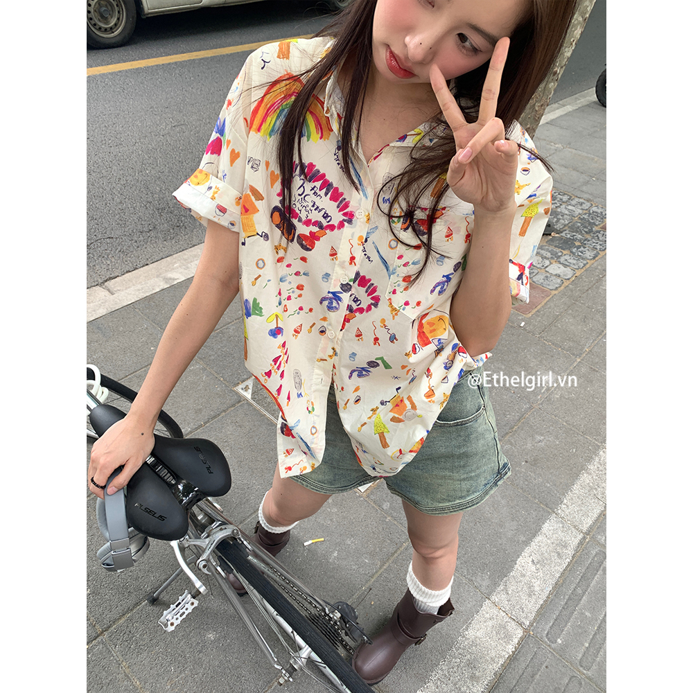 Ethelgirl Áo Sơ Mi Tay Ngắn Dáng Rộng In Họa Tiết graffiti Phong Cách Hàn Quốc Thời Trang Cho Nữ